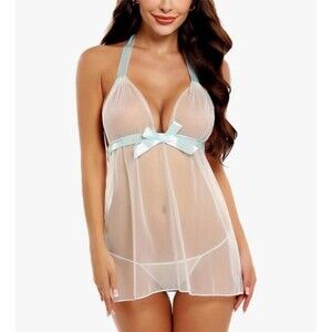 Women's Lingerie Lace Babydoll Sexy Exotic Nightgowns Sheer Mesh Halter Size L